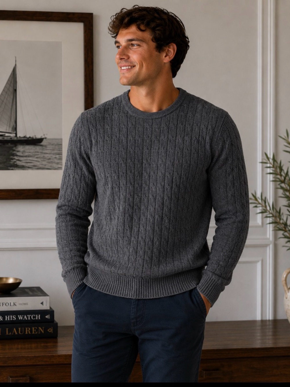 Jos. A. Bank Tailored Fit Cable Knit Sweater Heather Gray Men's XL Pima Cotton